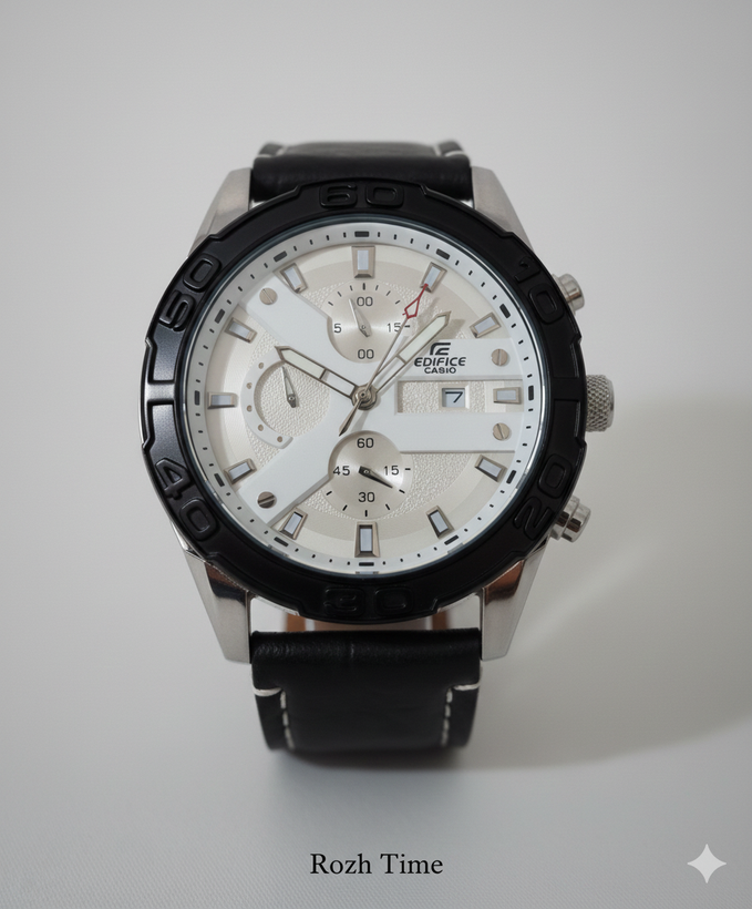 ساعت طرح CASIO EDIFICE- کاسیو طرح کورنو، صفحه سفید و بند مشکی