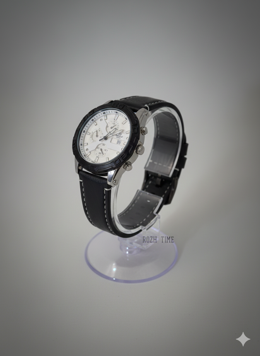 ساعت طرح CASIO EDIFICE- طرح کورنو، صفحه سفید و بند مشکی چرم صنعتی