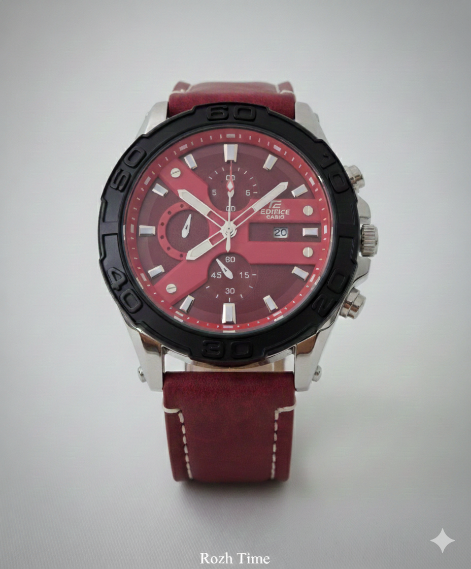 ساعت طرح CASIO EDIFICE- طرح کورنو، صفحه و بند زرشکی چرم صنعتی