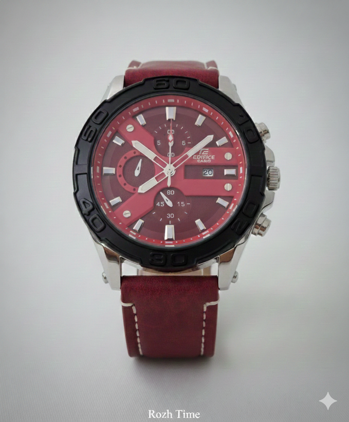 ساعت طرح CASIO EDIFICE- طرح کورنو، صفحه و بند زرشکی چرم صنعتی