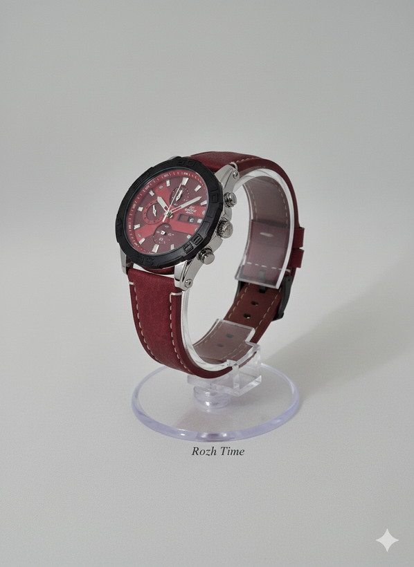 ساعت طرح CASIO EDIFICE- طرح کورنو، صفحه و بند زرشکی چرم صنعتی