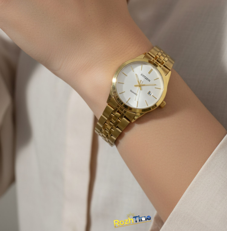 ساعت مچی زنانه سیتیزن صفحه سفید بند طلایی فلزی