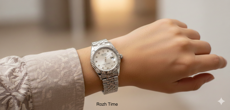 ساعت طرح رولکس زنانه استیل تقویم دار صفحه سفید