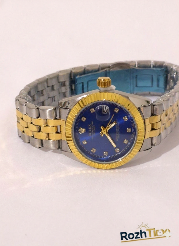 ساعت طرح رولکس زنانه استیل تقویم دار صفحه آبی نفتی بند طلایی نقره ای