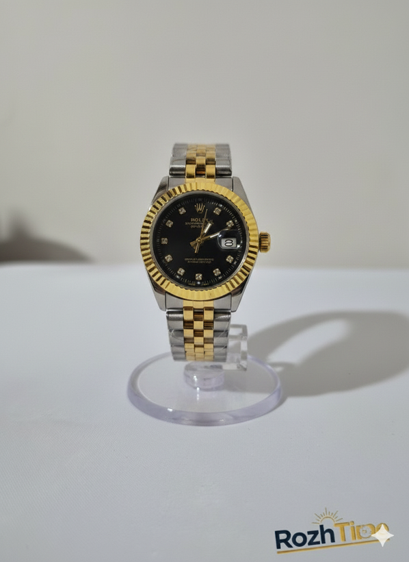 ساعت طرح رولکس زنانه استیل تقویم دار صفحه مشکی بند طلایی نقره ای