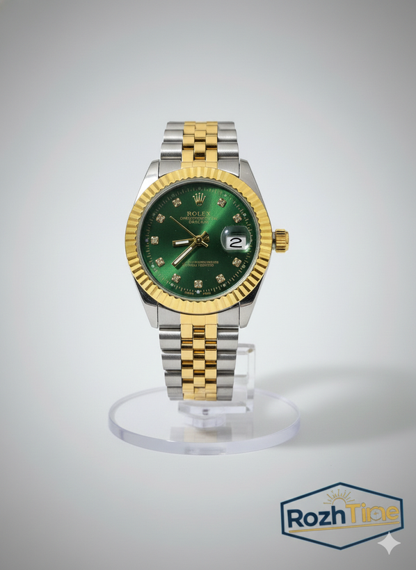 ساعت طرح رولکس زنانه استیل تقویم دار صفحه سبز زیتونی بند طلایی نقره ای