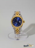 ساعت طرح رولکس زنانه استیل تقویم دار صفحه آبی نفتی بند طلایی نقره ای