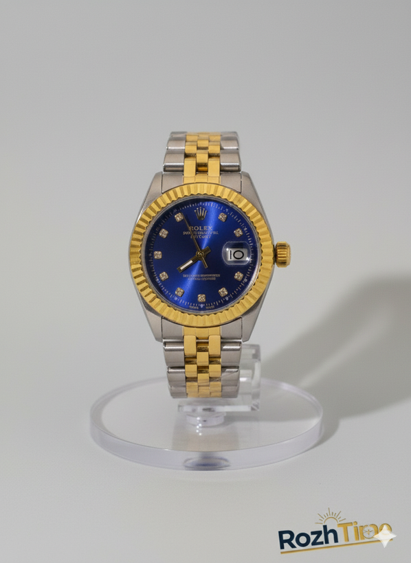 ساعت طرح رولکس زنانه استیل تقویم دار صفحه آبی نفتی بند طلایی نقره ای