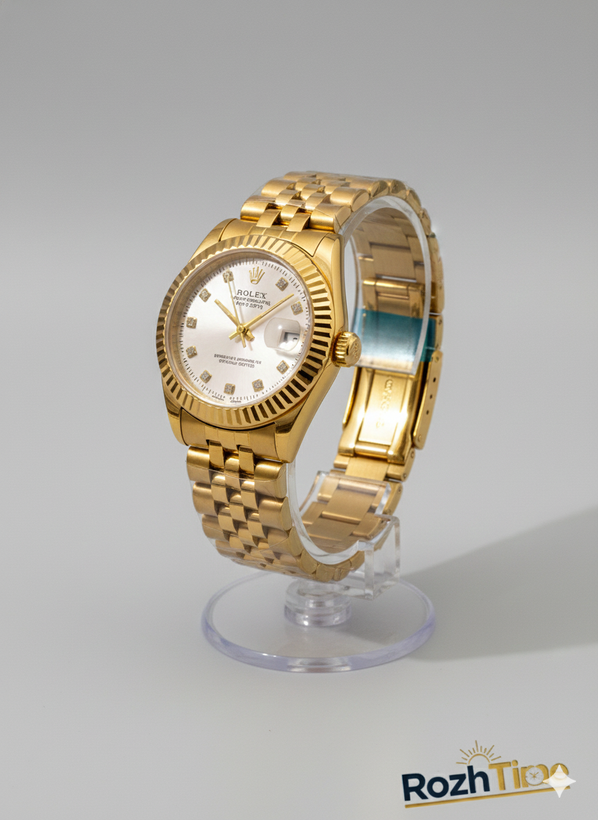 ساعت طرح رولکس زنانه استیل تقویم دار صفحه سفید بند طلایی