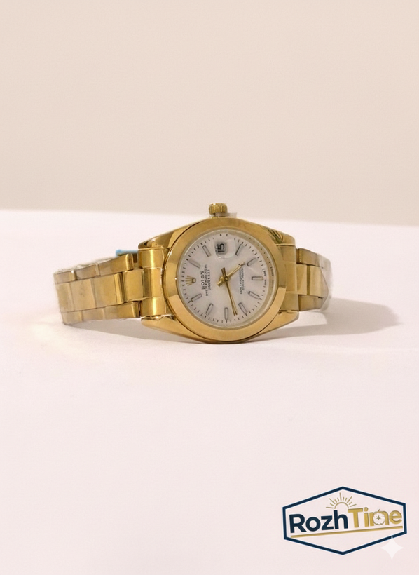 ساعت طرح رولکس زنانه استیل تقویم دار صفحه سفید بند طلایی