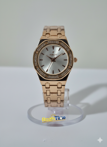 ساعت زنانه هشت ضلعی هابلوت فلزی استیل صفحه سفید بند رزگلد