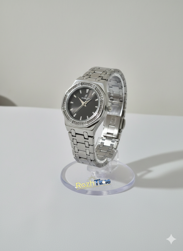 ساعت زنانه هشت ضلعی هابلوت فلزی استیل صفحه مشکی بند نقره ای