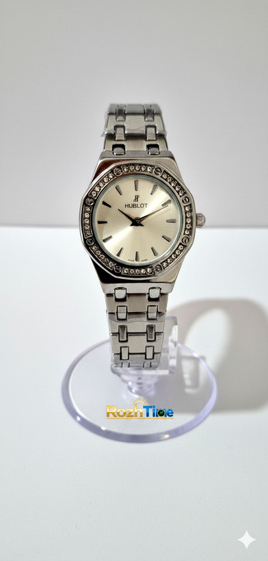 ساعت زنانه هشت ضلعی هابلوت فلزی استیل صفحه سفید بند نقره ای