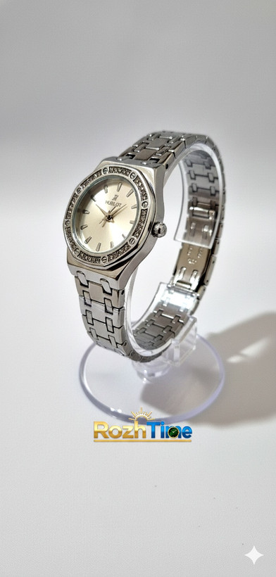 ساعت زنانه هشت ضلعی هابلوت فلزی استیل صفحه سفید بند نقره ای