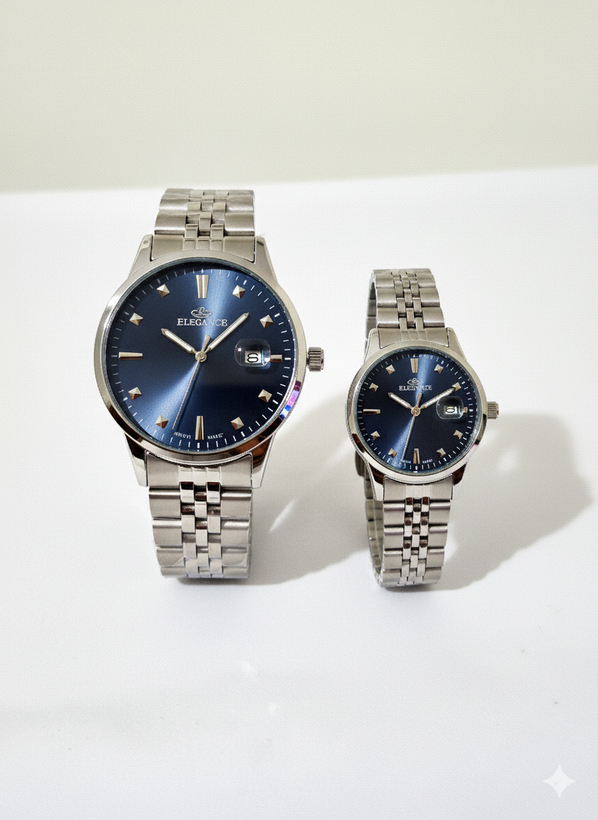 ست ساعت زنانه و مردانه الگانس استیل صفحه سرمه ای - موتور ژاپن