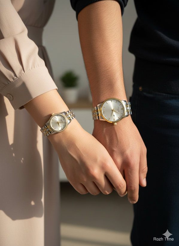 ست ساعت زنانه و مردانه الگانس استیل صفحه سفید دور قاب طلایی و نگینی- موتور ژاپن