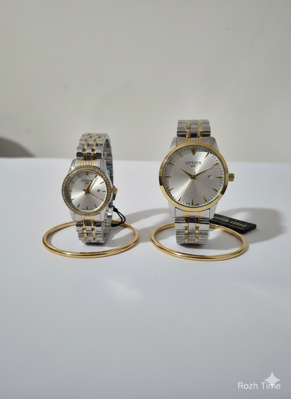 ست ساعت زنانه و مردانه الگانس استیل صفحه سفید دور قاب طلایی و نگینی- موتور ژاپن