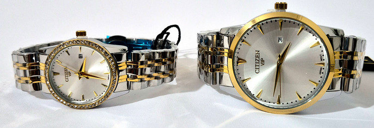 ست ساعت زنانه و مردانه الگانس استیل صفحه سفید دور قاب طلایی و نگینی- موتور ژاپن