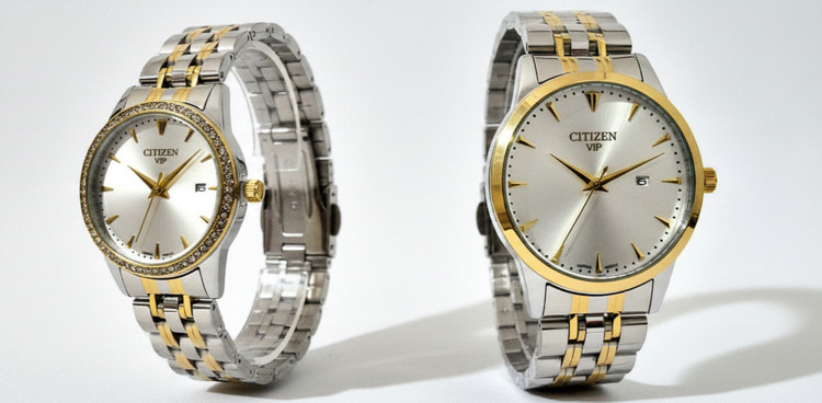 ست ساعت زنانه و مردانه الگانس استیل صفحه سفید دور قاب طلایی و نگینی- موتور ژاپن