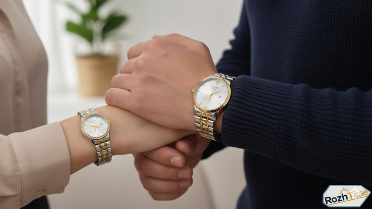 ست ساعت زنانه و مردانه الگانس استیل صفحه سفید دور قاب طلایی و نگینی- موتور ژاپن