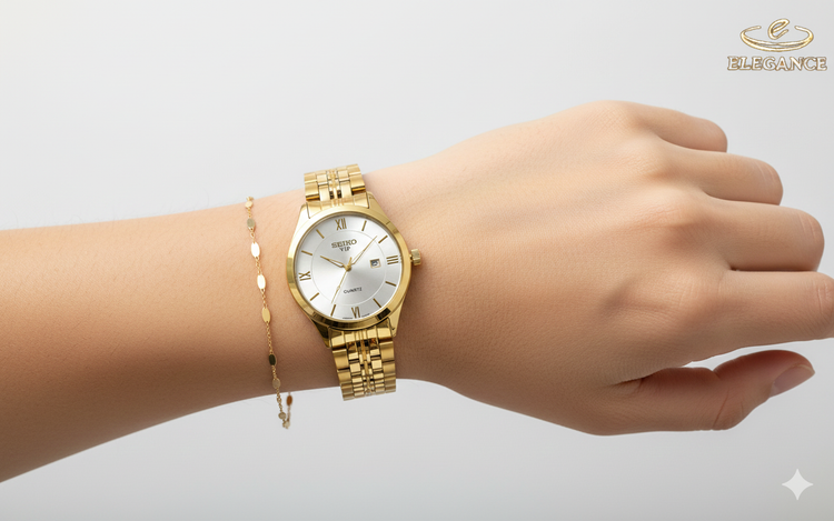 ست ساعت زنانه و مردانه سیکو استیل صفحه سفید بند طلایی نمای روی مچ دست- موتور ژاپن