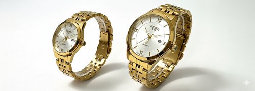 ست ساعت زنانه و مردانه سیکو استیل صفحه سفید بند طلایی - موتور ژاپن