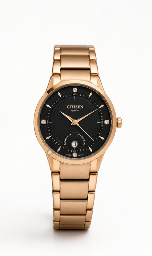 ساعت زنانه (CITIZEN VIP) سیتیزن تمام استیل صفحه مشکی بند رزگلد مسی- موتور ژاپن